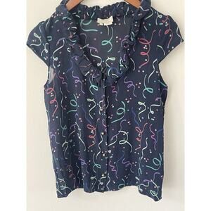 Kate Spade Live Colorfully Womens XS Confetti 100% Sillk Shirt Blue Gold Button